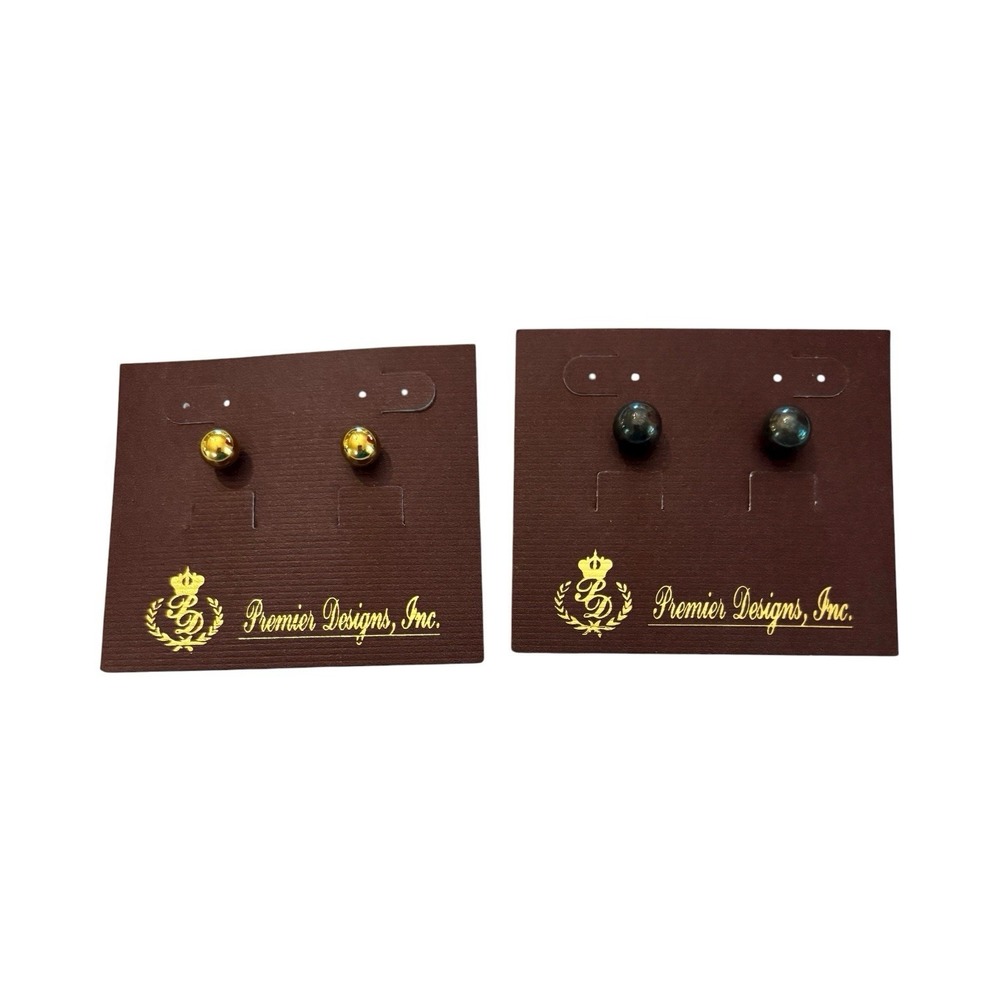 Premier Designs Inc Earrings 2 Pairs Pierced Stud Gold‎ Tone And Dark Grey Ball